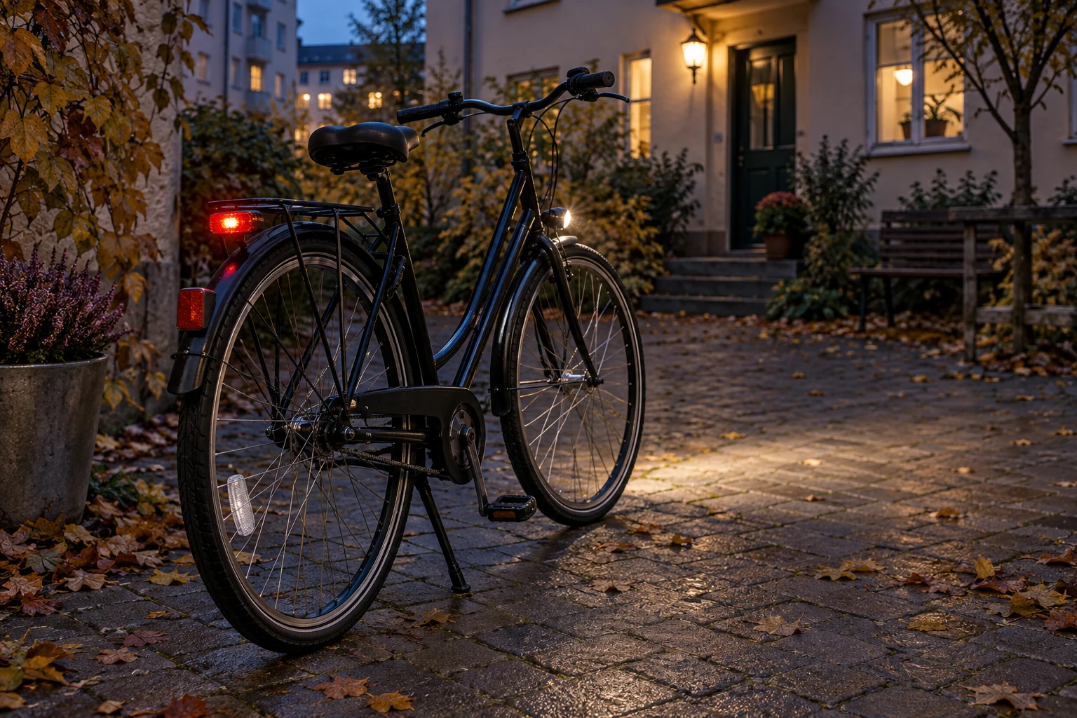 Illustration av en parkerad cykel med tänt bakljus och reflexer i en gård i skymningen.